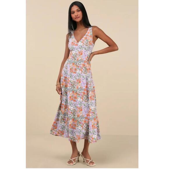 Lulus Your Only Darling Lavender Floral Print Sleeveless Midi Dress Size: L - Picture 1 of 8